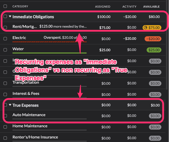 budgetary categories in ynab