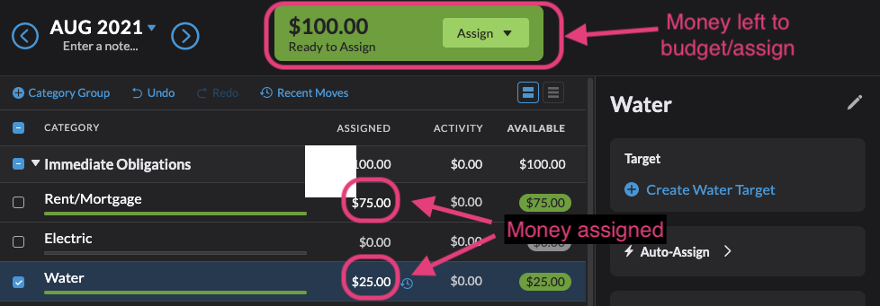 assigning money in YNAB