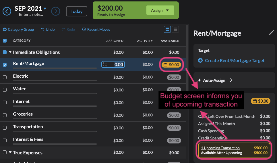upcoming transaction YNAB
